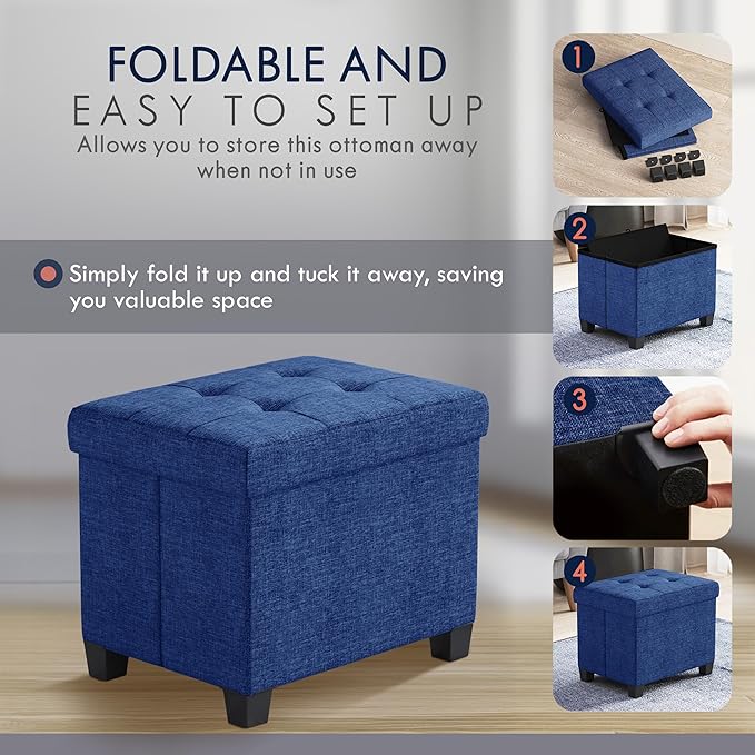 Ornavo Home Storage Ottoman Small Rectangle Ottoman with Legs, Foot Rest Stool Seat, Load up to 600 LB, for Living Room, Bedroom, Home Office, Dorm - 12 x 16 x 12, Navy Blue