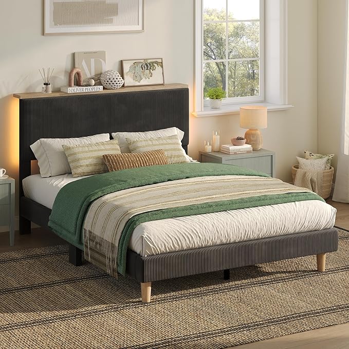 Bestier Queen Bed Frame with Adjustable Headboard & LED Lighting, Corduroy Upholstered Platform Bed Frame with Storage Shelf, Solid Wood Slats, No Box Spring Needed, Never Squeak, Easy Assembly, Black