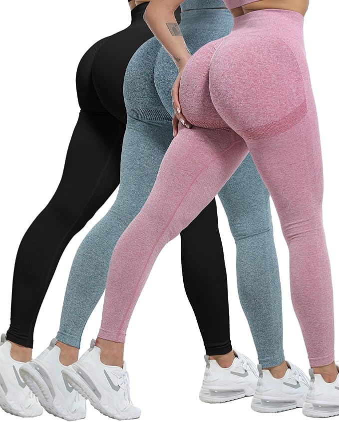 CHRLEISURE Workout Leggings Sets for Women, Gym Scrunch Butt Butt Lifting Seamless Leggings 3 Piece