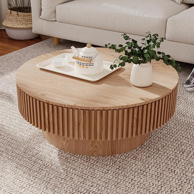 31.5''Round Coffee Table with Storage, Modern Luxury Circle Drum Center Tables with Solid Wood Veneered, Accent Side Coffee Table for Living Room, Bedroom, Apartment-Natural
