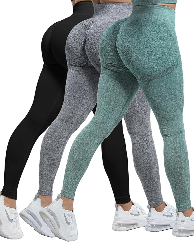 CHRLEISURE Workout Leggings Sets for Women, Gym Scrunch Butt Butt Lifting Seamless Leggings 3 Piece