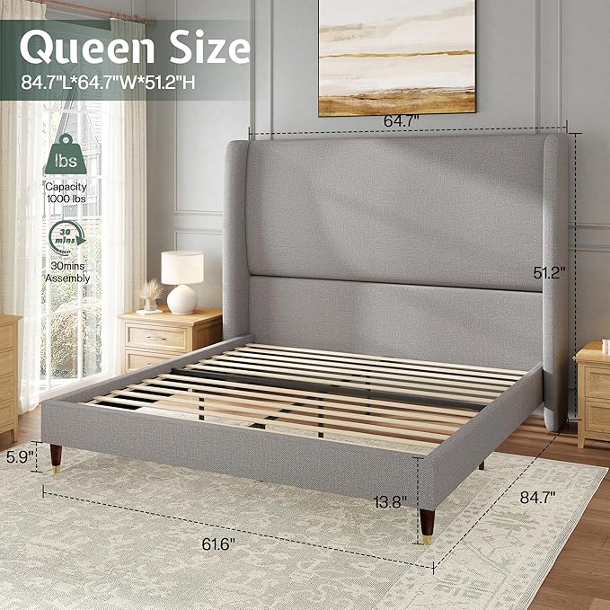 Jocisland Queen Size Bed Frame 51.2" Wingback Headboard Linen Upholstered Platform Bed with Solid Wood Legs & Wooden Slats, No Box Spring Needed, Modern Minimalist Style, Easy Assembly, Light Gray