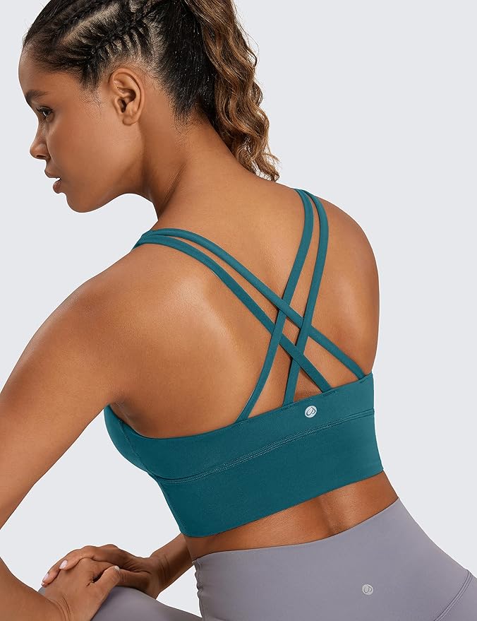 CRZ YOGA Naked Feeling Strappy Longline Sports Bras for Women - Medium Impact Criss Cross Yoga Padded Workout Crop Top