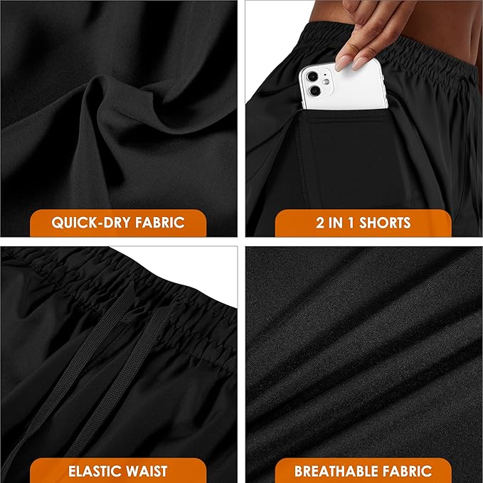 Yevrimow Women's 2 in 1 Running Shorts for Gym Yoga Workout Athletic Shorts High-Waisted Shorts with Liner Pockets