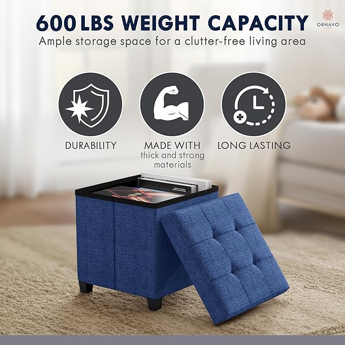 Ornavo Home Storage Ottoman with Legs, Square Cube Foot Rest Stool Seat, for Living Room, Bedroom, Home Office, Dorm - 15 x 15 x 15, Navy Blue