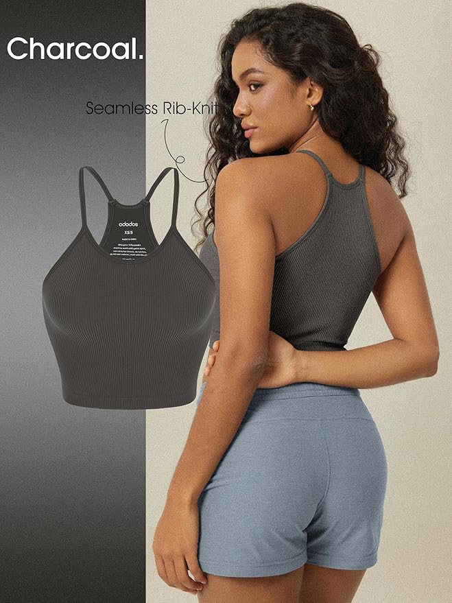 ODODOS Women's Crop 3-Pack Seamless Rib-Knit Camisole Crop Tank Tops