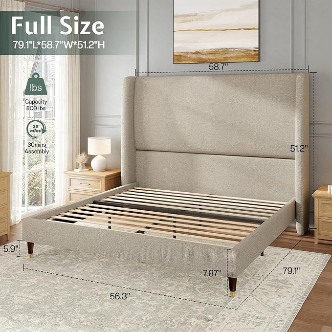 Jocisland Full Size Bed Frame 51.2" Wingback Headboard Linen Upholstered Platform Bed with Solid Wood Legs & Wooden Slats, No Box Spring Needed, Modern Minimalist Style, Easy Assembly, Brown