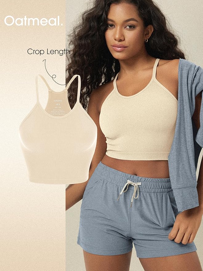 ODODOS Women's Crop 3-Pack Seamless Rib-Knit Camisole Crop Tank Tops