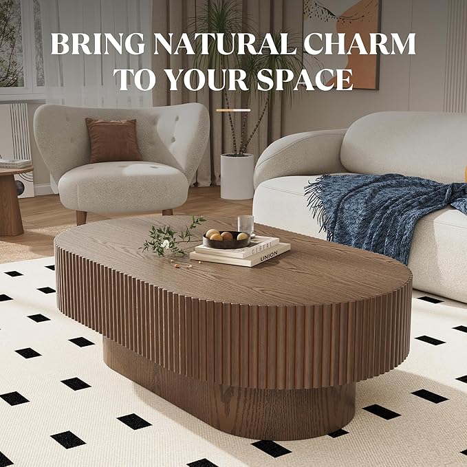 YOUDENOVA 43.7” Oval Coffee Table, Modern Wood Fluted Coffee Table for Living Room, Veneer Handcrafted Relief Center Table with Sturdy Pedestal，Easy Assembly - Walnut