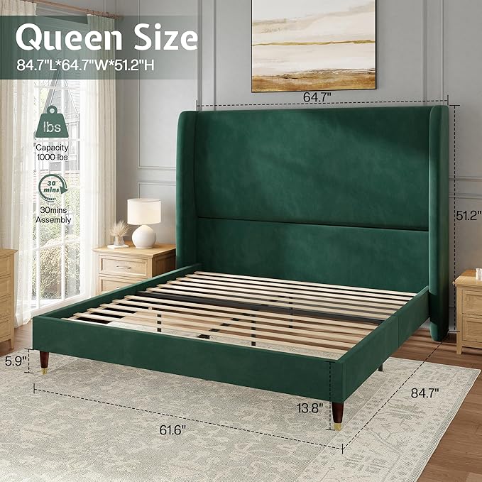 Jocisland Queen Size Bed Frame 51.2" Wingback Headboard Velvet Upholstered Platform Bed with Solid Wood Legs & Wooden Slats, No Box Spring Needed, Modern Minimalist Style, Easy Assembly, Dark Green