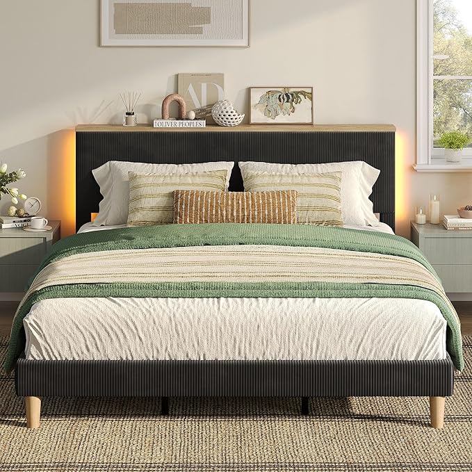 Bestier King Bed Frame with Adjustable Headboard & LED Lighting, Corduroy Upholstered Platform Bed Frame with Storage Shelf, Solid Wood Slats, No Box Spring Needed, Never Squeak, Easy Assembly, Black