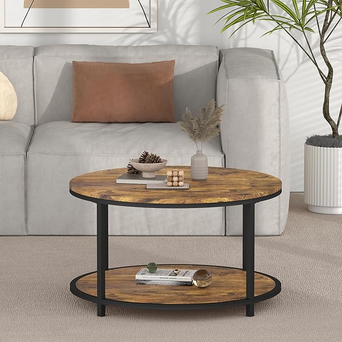 NSdirect Round Coffee Table, 27.6" Small Coffee Table for Living Room,2-Tier Rustic Wood Desktop with Storage Shelf Modern Design Home Furniture(Brown)