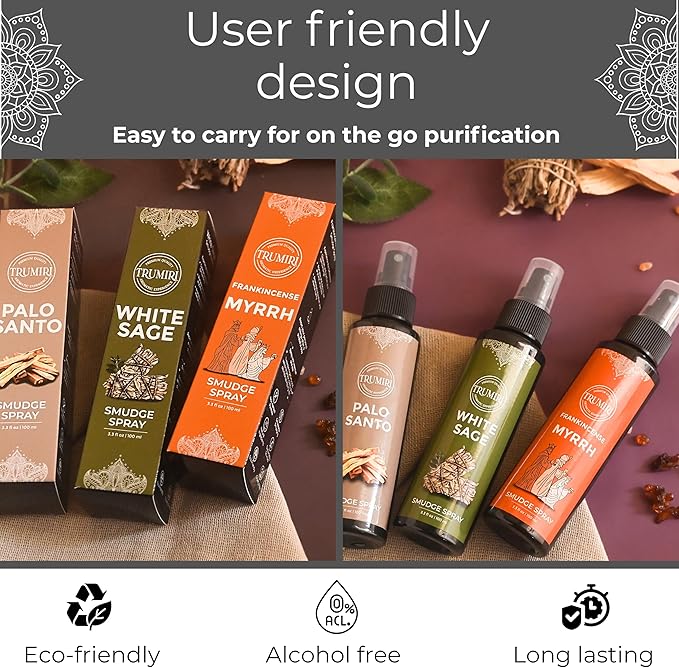 Set of 3 Smudge Sprays White Sage|Palo Santo|Frankincense Myrrh for Spiritual Cleansing of Negative Energy and Protection - Natural Room Sprays and Body Mists Made with Non Toxic Essential Oils