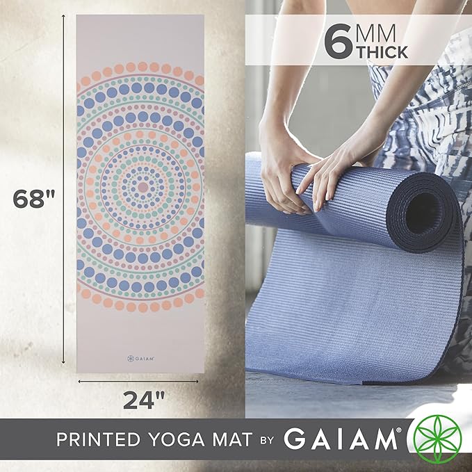 Gaiam Yoga Mat - Premium 6mm Print Extra Thick Non Slip Exercise & Fitness Mat for All Types of Yoga, Pilates & Floor Workouts (68"L x 24"W x 6mm Thick)
