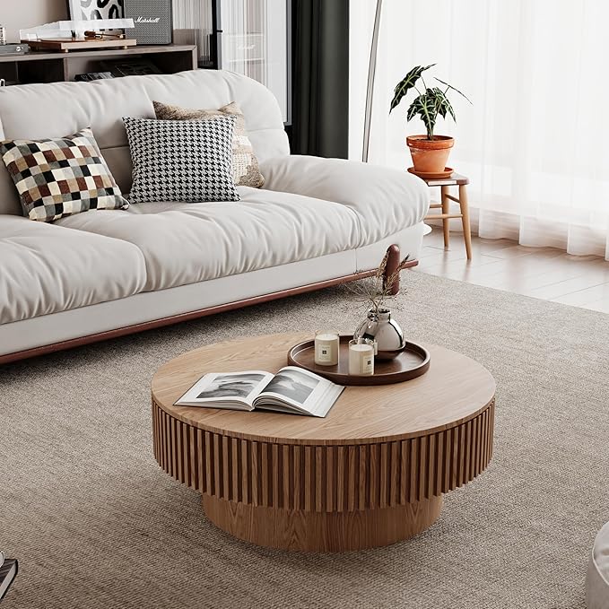 31.5''Round Coffee Table with Storage, Modern Luxury Circle Drum Center Tables with Solid Wood Veneered, Accent Side Coffee Table for Living Room, Bedroom, Apartment-Natural