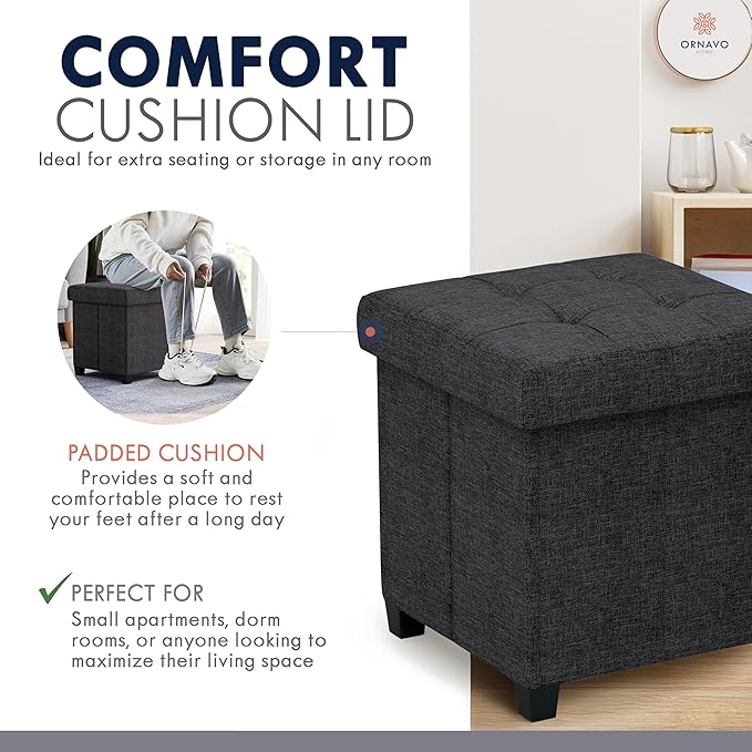 Ornavo Home Storage Ottoman with Legs, Square Cube Foot Rest Stool Seat, for Living Room, Bedroom, Home Office, Dorm - 15 x 15 x 15, Black