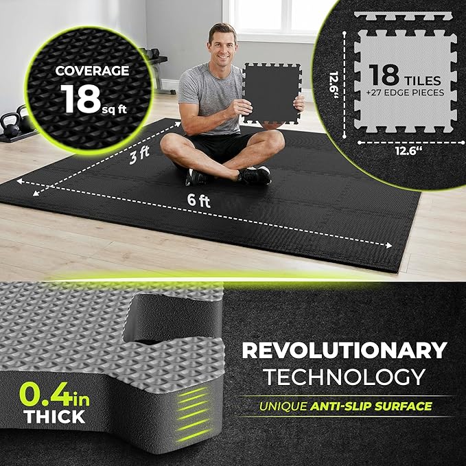 bemaxx Gym Mats Set - 18 pcs EVA Interlocking Foam Floor Tiles (12.6"x12.6"x0.4") 18sqft Protective Gym Flooring Sports Home Workout Exercise Mats Puzzle Garage Fitness Play-Room Pool Treadmill Bike