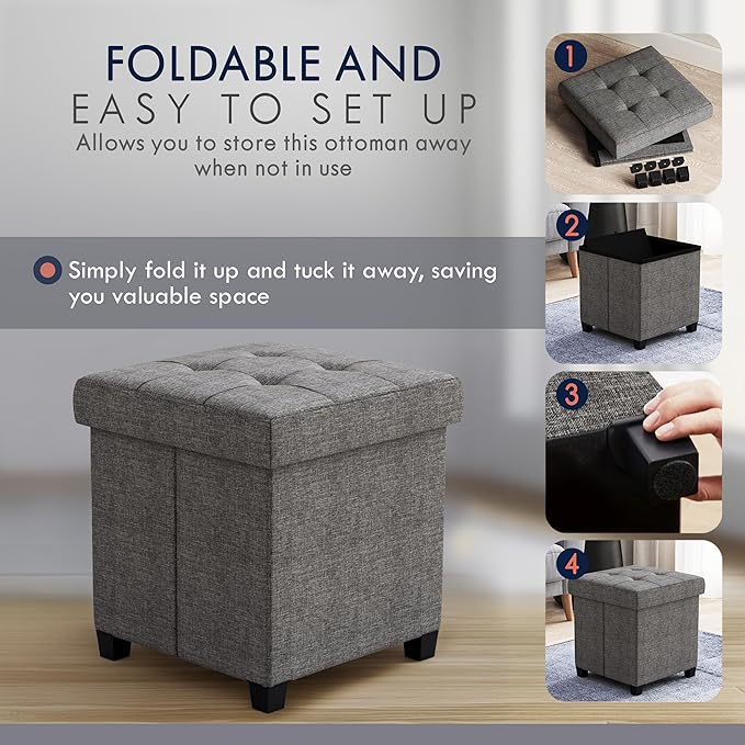 Ornavo Home Storage Ottoman with Legs, Square Cube Foot Rest Stool Seat, for Living Room, Bedroom, Home Office, Dorm - 15 x 15 x 15, Dark Gray