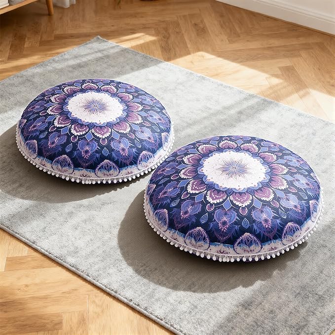 Meditation Cushion 32 Inch Round, Extra Thick Memory Foam Floor Pillow with Removable Washable Cover, Bohemian Mandala Yoga Cushion for Adults - Ideal Gift & Holiday Decor, Purple