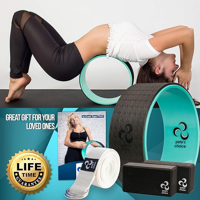 Yoga Wheel with Beginners Guide & Yoga Strap - Back Pain and Tension Relief. Comfy Roller for Stretching, Increase Flexibility. Home Exercise Kit. Ideal for Women Yogis. Improve your Posture.