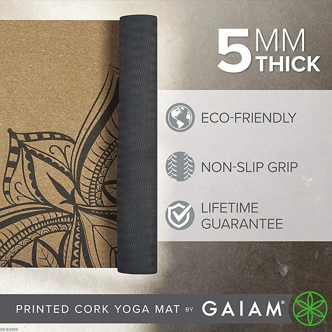 Gaiam Cork Yoga Exercise Mat | Natural Sustainable Cork Resists Sweat and Odors | Non-Slip TPE Backing Prevents Slipping| Great for Hot Yoga, Pilates, Fitness Working Out (68" x 24"x 5mm Thick)