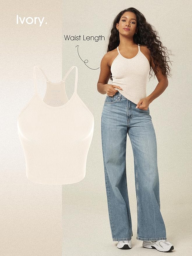 ODODOS Women's Crop 3-Pack Seamless Rib-Knit Camisole Crop Tank Tops