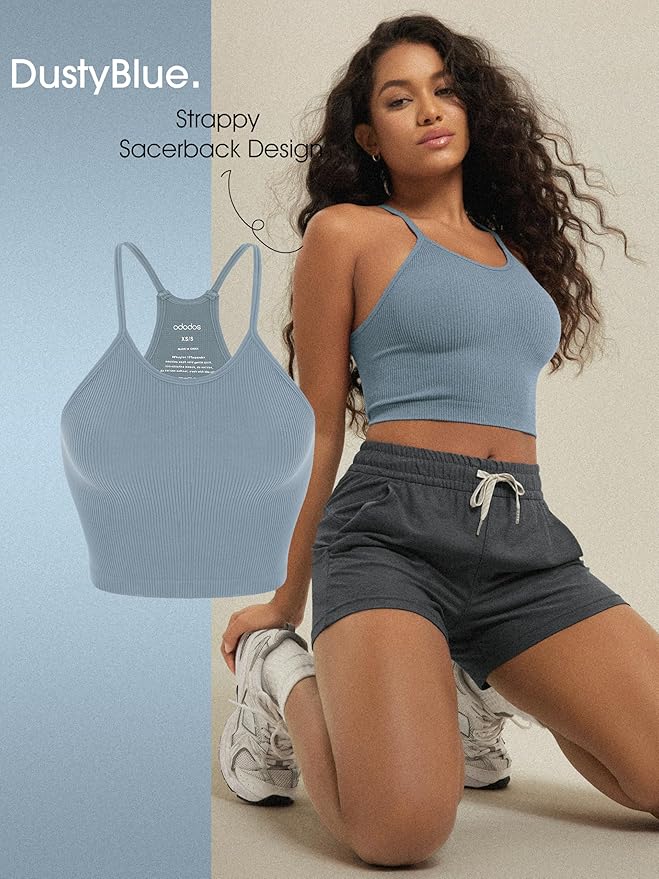 ODODOS Women's Crop 3-Pack Seamless Rib-Knit Camisole Crop Tank Tops