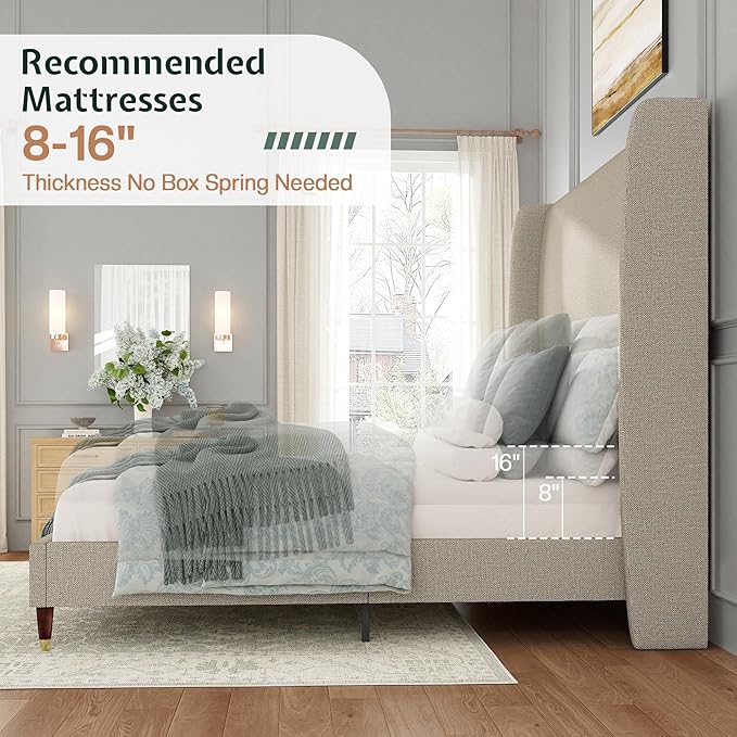 Jocisland King Size Bed Frame 51.2" Wingback Headboard Linen Upholstered Platform Bed with Solid Wood Legs & Wooden Slats, No Box Spring Needed, Modern Minimalist Style, Easy Assembly, Brown