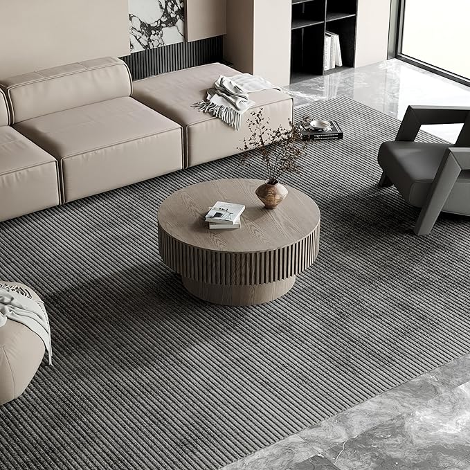 31.5'' Round Coffee Table with Storage, Modern Luxury Circle Drum Center Tables with Solid Wood Veneered, Accent Side Coffee Table for Living Room, Bedroom, Apartment-Grey
