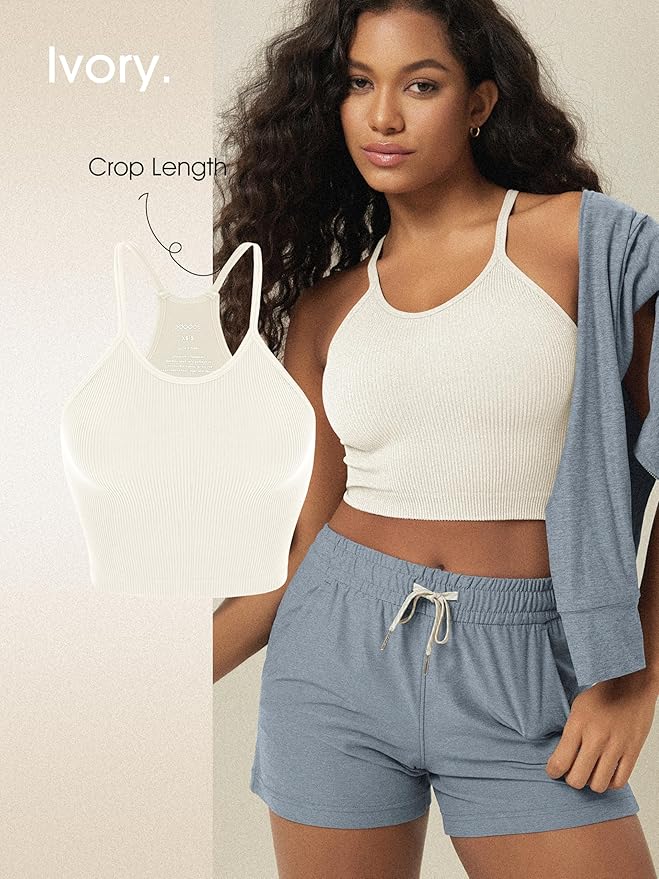 ODODOS Women's Crop 3-Pack Seamless Rib-Knit Camisole Crop Tank Tops