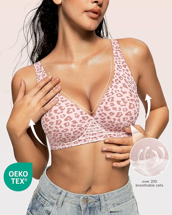 OEAK Womens Deep V Bras Wireless Comfortable Bra Supportive No Underwire Bras Tshirt Push Up Bralettes Plunge Seamless Bra
