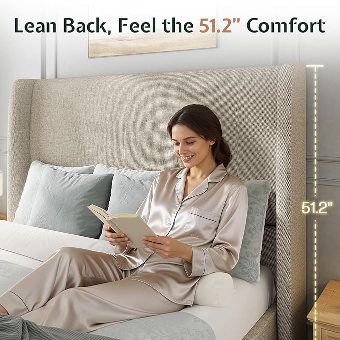 Jocisland Full Size Bed Frame 51.2" Wingback Headboard Linen Upholstered Platform Bed with Solid Wood Legs & Wooden Slats, No Box Spring Needed, Modern Minimalist Style, Easy Assembly, Brown