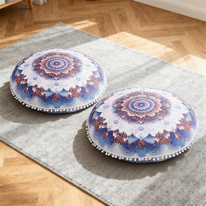 Meditation Cushion 32 Inch Round, Extra Thick Memory Foam Floor Pillow with Removable Washable Cover, Bohemian Mandala Yoga Cushion for Adults - Ideal Gift & Holiday Decor, Azure