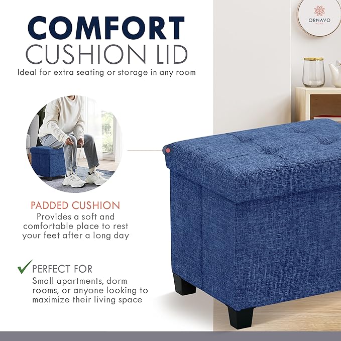 Ornavo Home Storage Ottoman Small Rectangle Ottoman with Legs, Foot Rest Stool Seat, Load up to 600 LB, for Living Room, Bedroom, Home Office, Dorm - 12 x 16 x 12, Navy Blue