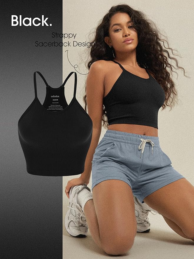 ODODOS Women's Crop 3-Pack Seamless Rib-Knit Camisole Crop Tank Tops