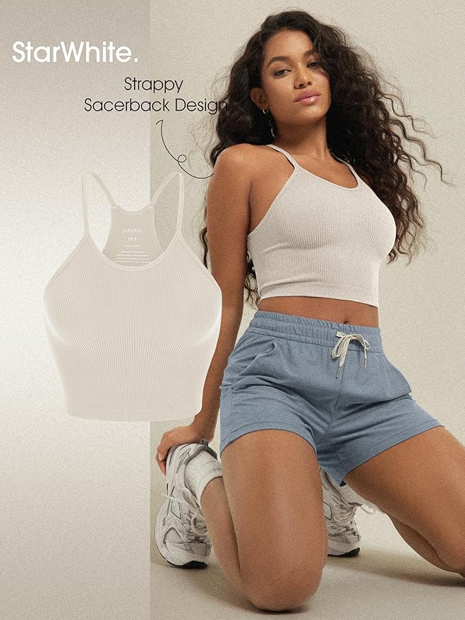 ODODOS Women's Crop 3-Pack Seamless Rib-Knit Camisole Crop Tank Tops
