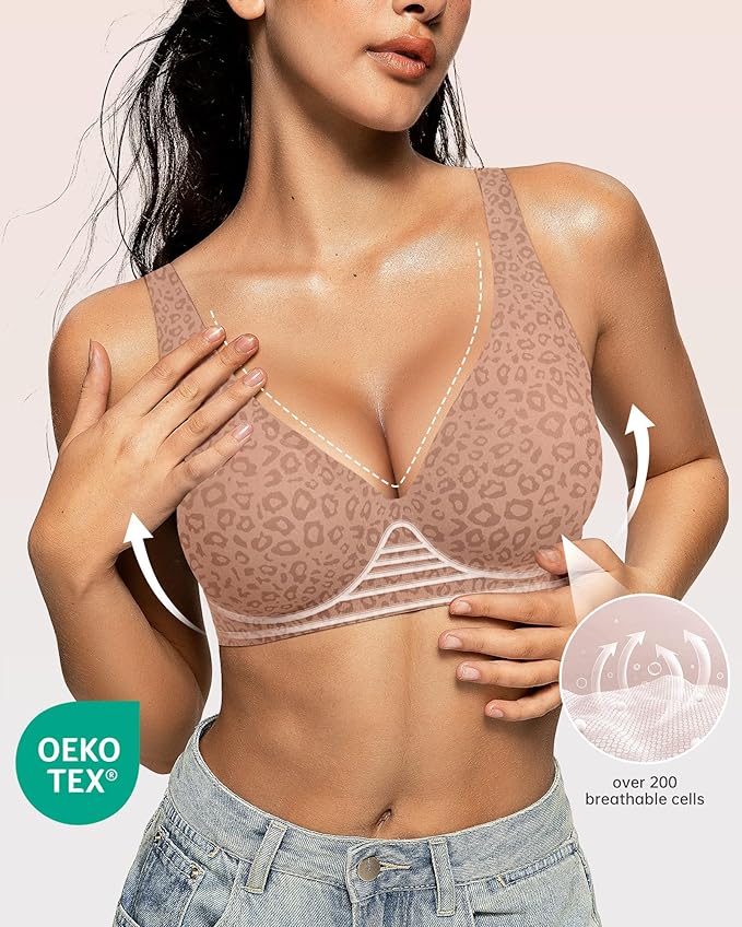 OEAK Womens Deep V Bras Wireless Comfortable Bra Supportive No Underwire Bras Tshirt Push Up Bralettes Plunge Seamless Bra