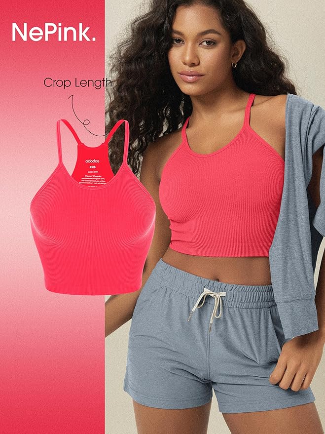 ODODOS Women's Crop 3-Pack Seamless Rib-Knit Camisole Crop Tank Tops