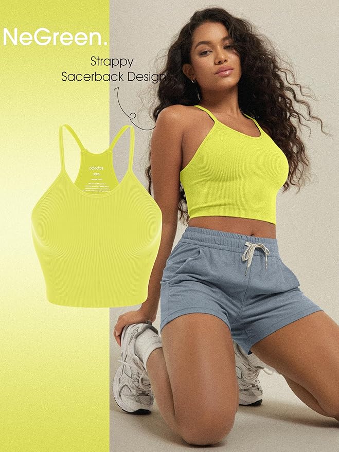 ODODOS Women's Crop 3-Pack Seamless Rib-Knit Camisole Crop Tank Tops