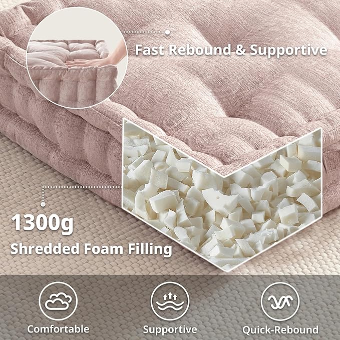 Intelligent Design Large Floor Pillow for Adults Yoga or Meditation Cushion with Handle, Floor Cushion for Board Games, Lustrous Chenille Tufted, Handsewn Scalloped Edge, Azza, 24" x 24" x 5" Blush