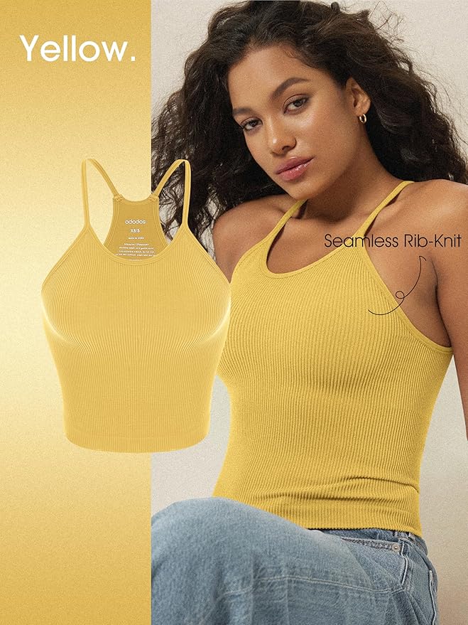ODODOS Women's Crop 3-Pack Seamless Rib-Knit Camisole Crop Tank Tops