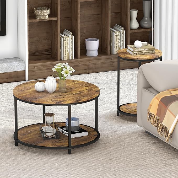 NSdirect Round Coffee Table, 25.6" Small Coffee Table for Living Room,2-Tier Rustic Wood Desktop with Storage Shelf Modern Design Home Furniture(Brown)