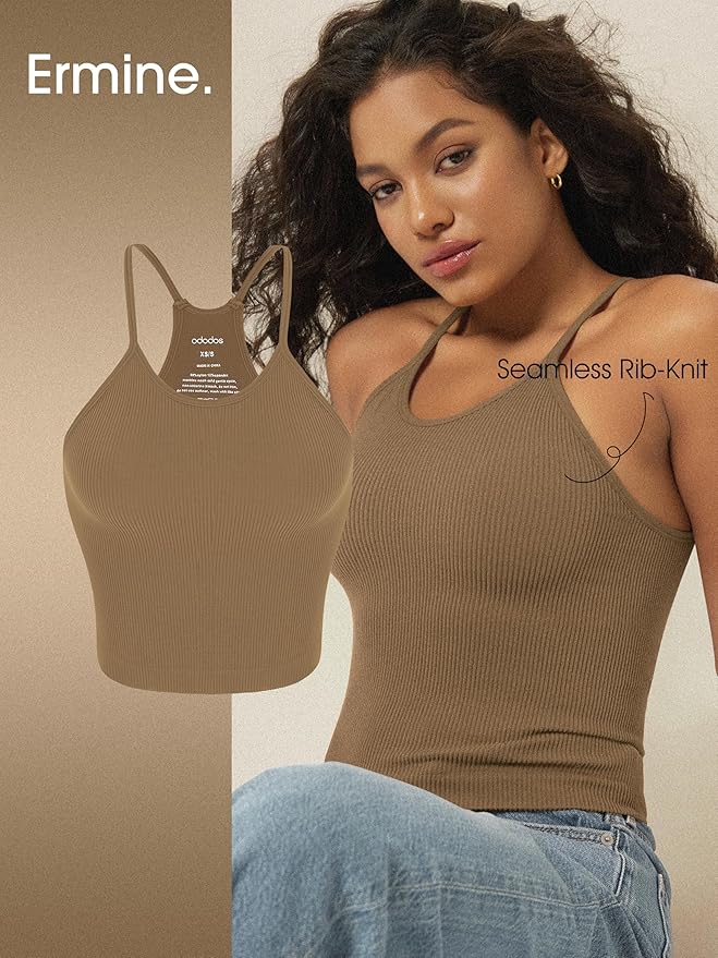 ODODOS Women's Crop 3-Pack Seamless Rib-Knit Camisole Crop Tank Tops