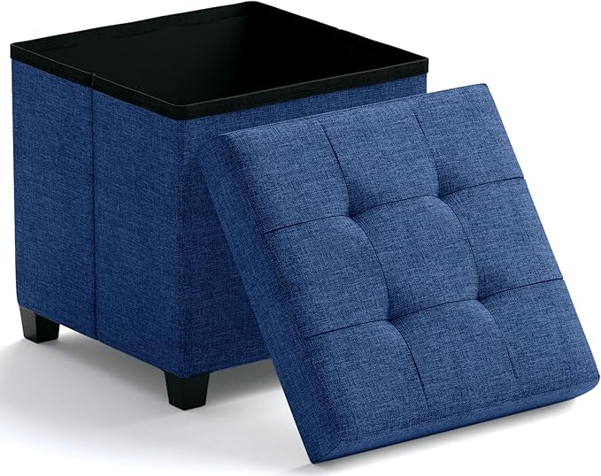 Ornavo Home Storage Ottoman with Legs, Square Cube Foot Rest Stool Seat, for Living Room, Bedroom, Home Office, Dorm - 15 x 15 x 15, Navy Blue