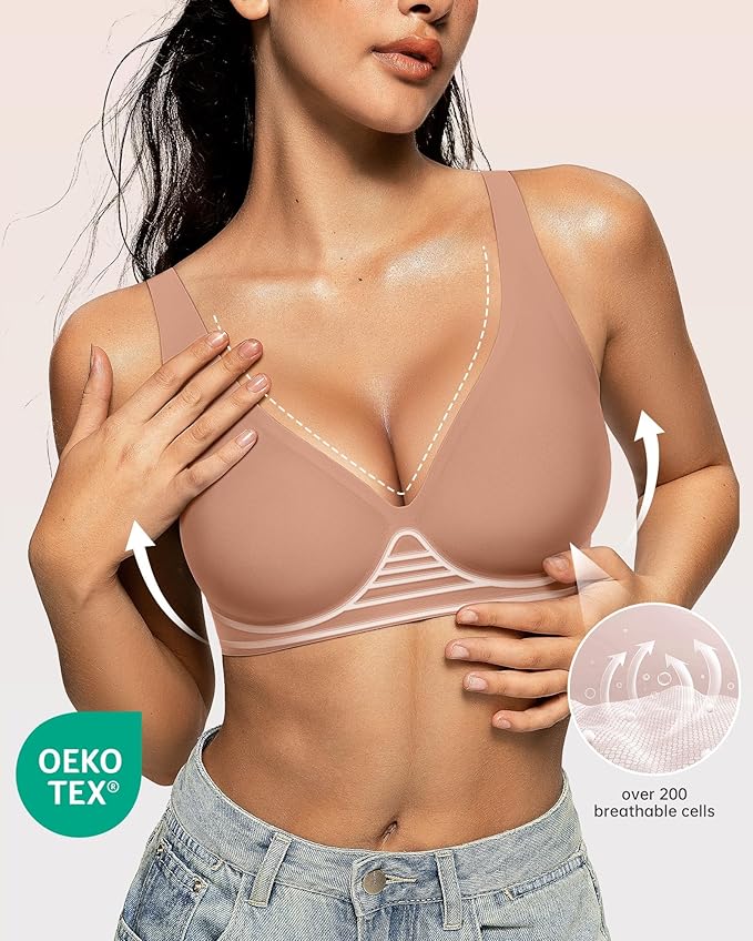 OEAK Womens Deep V Bras Wireless Comfortable Bra Supportive No Underwire Bras Tshirt Push Up Bralettes Plunge Seamless Bra
