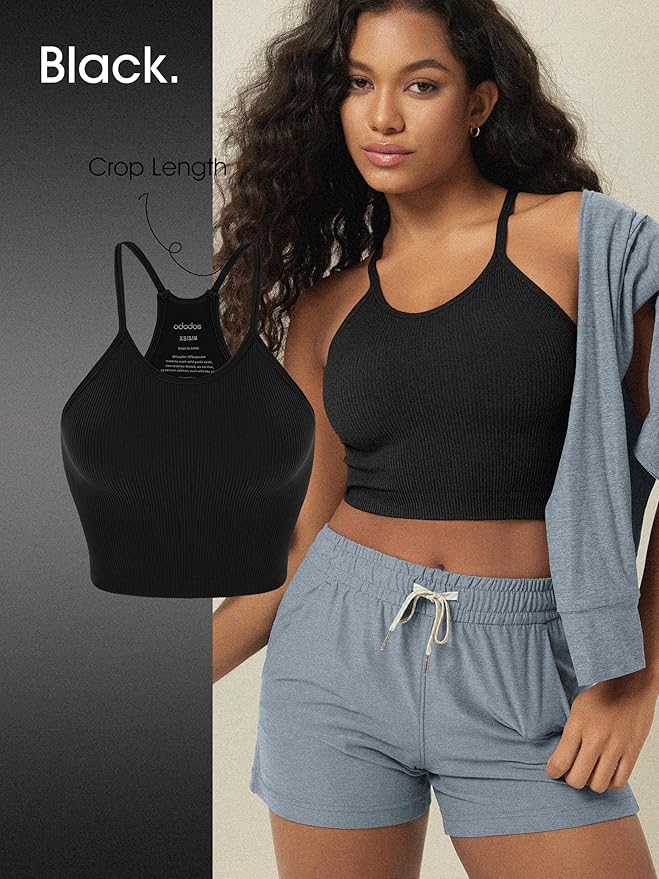 ODODOS Women's Crop 3-Pack Seamless Rib-Knit Camisole Crop Tank Tops