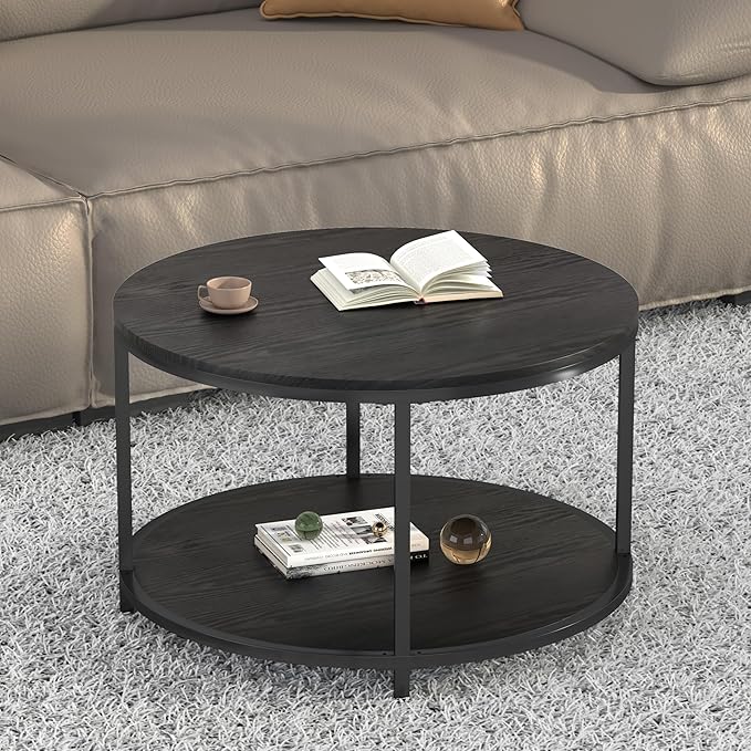 NSdirect Round Coffee Table, 25.6" Small Coffee Table for Living Room,2-Tier Rustic Wood Desktop with Storage Shelf Modern Design Home Furniture(Black)