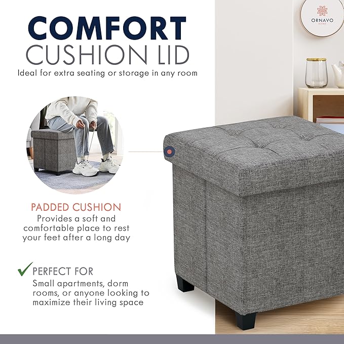 Ornavo Home Storage Ottoman with Legs, Square Cube Foot Rest Stool Seat, for Living Room, Bedroom, Home Office, Dorm - 15 x 15 x 15, Dark Gray