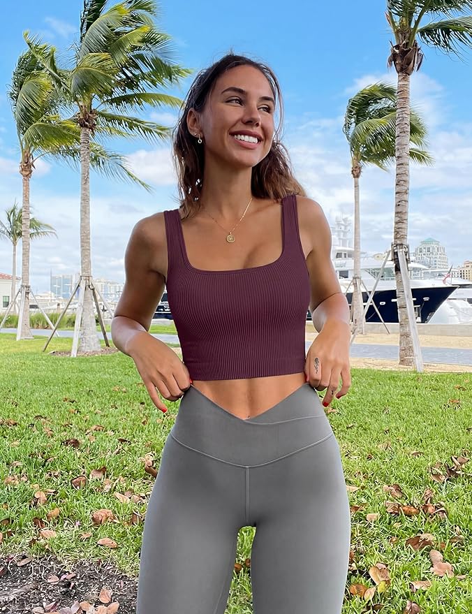 OLCHEE Womens 3 Pack Crop Tank Tops Basic Seamless Ribbed Sleeveless Square Neck Workout Top Summer Exercise Yoga Gym Shirts