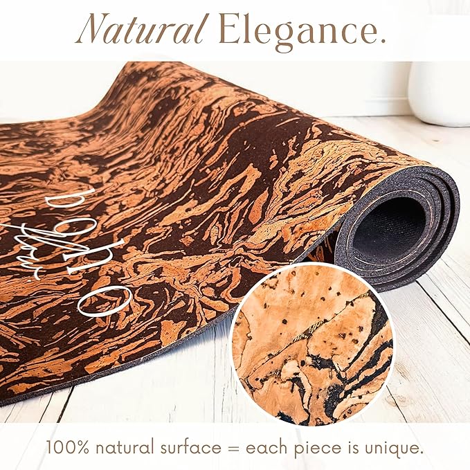 Deluxe Cork Yoga Mat – Gold, Coffee or Vegan Leather Cork Surface & Natural Rubber Base – Premium Natural & Eco Friendly Materials – Includes Signature Handmade Boho Bag